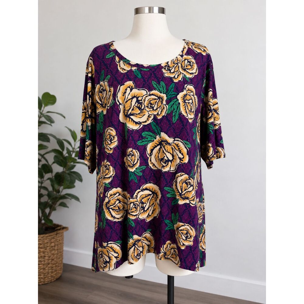 LuLaRoe Women’s 3XL Floral Tunic Top Purple Yellow Rose 3/4 Sleeve Plus NWOT